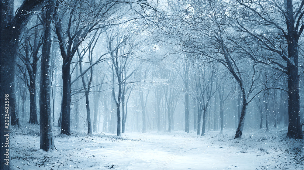 Fototapeta premium Enchanting Winter Path Through a Frosted Forest with Falling Snow