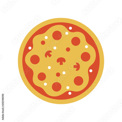 Round pizza with red pepperoni slices and mushroom toppings on a yellow background