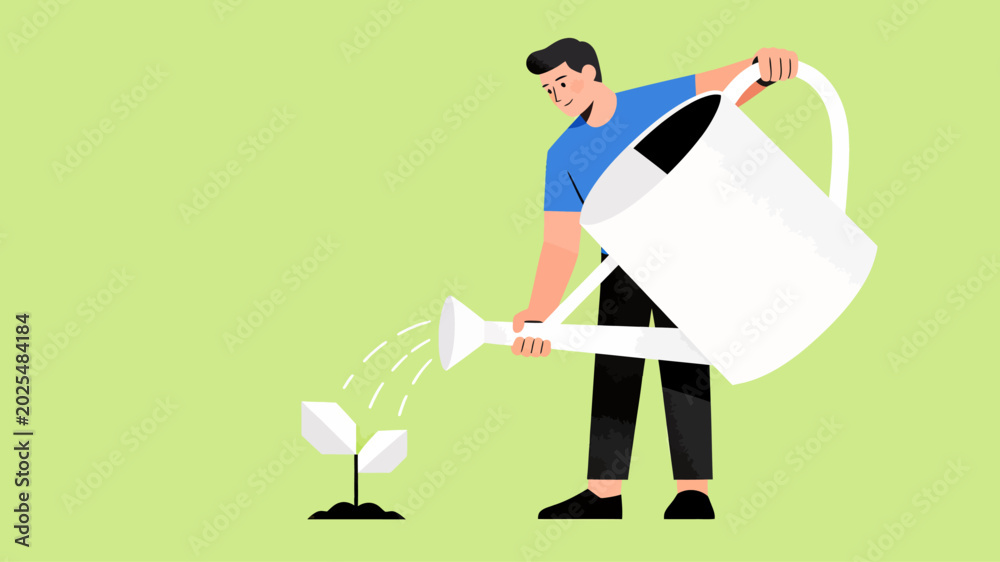 Naklejka premium A dedicated person nurturing a budding plant with a watering can, symbolizing growth, investment, and future development in a minimalist illustration style