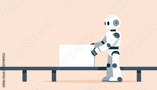 Foto Robotic arm precisely places a white box onto a conveyor belt for efficient auto