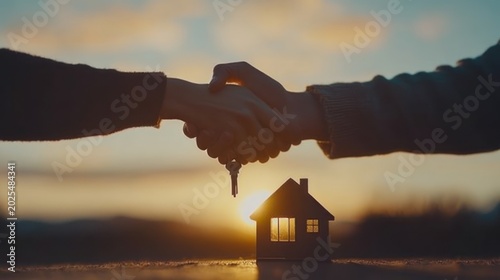 Silhouetted hands shake, a house key held between them, against a sunset