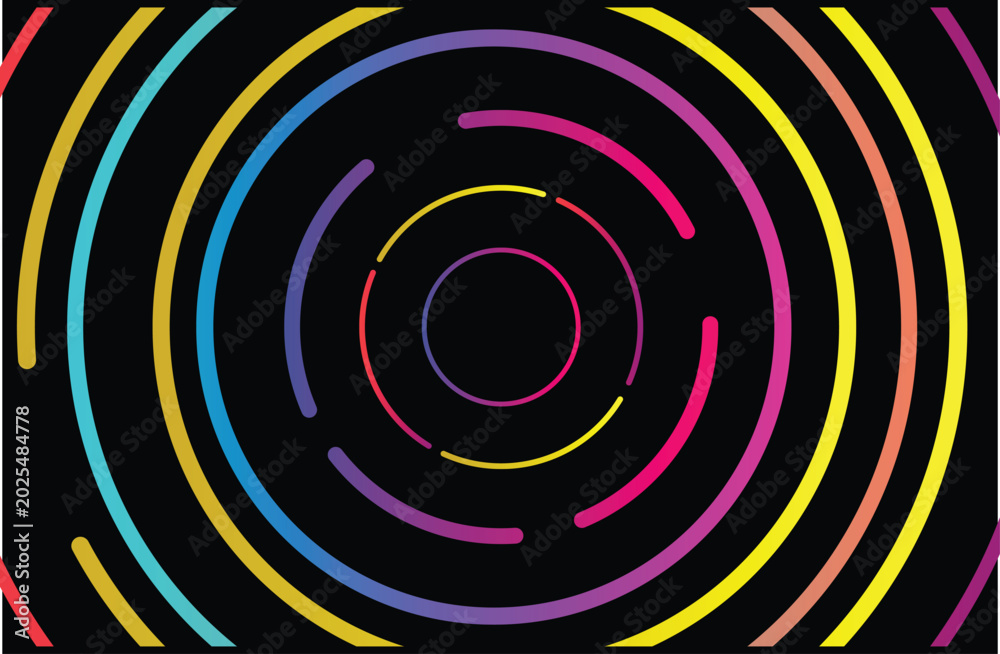 Fototapeta premium Vibrant concentric circles with colorful gradient lines on a black background