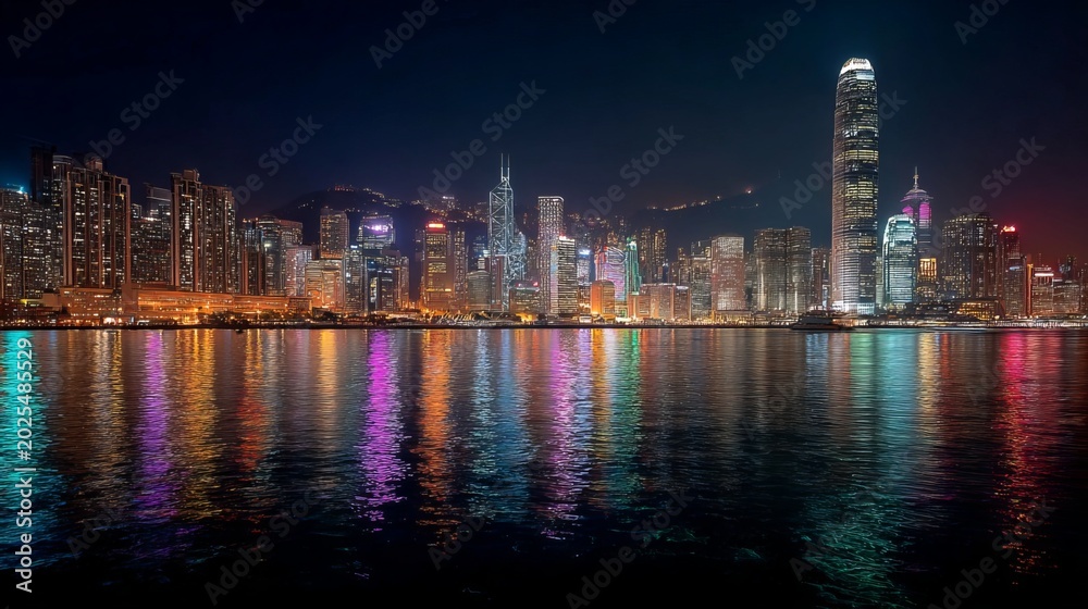 Obraz premium Hong Kong city skyline at night, glowing urban lights, wide waterfront cityscape, illuminated skyscrapers, atmospheric metropolitan background