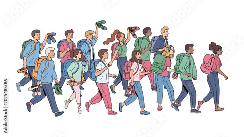 Photos Diverse Group of Travelers Journeying: A lively illustration depicts a diverse group of young travelers, laden with backpacks and a sense of adventure, setting off on a new journey together