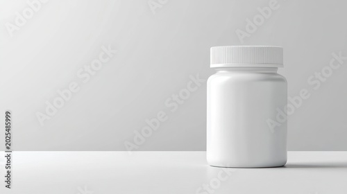 Blank white plastic pill bottle on a white surface