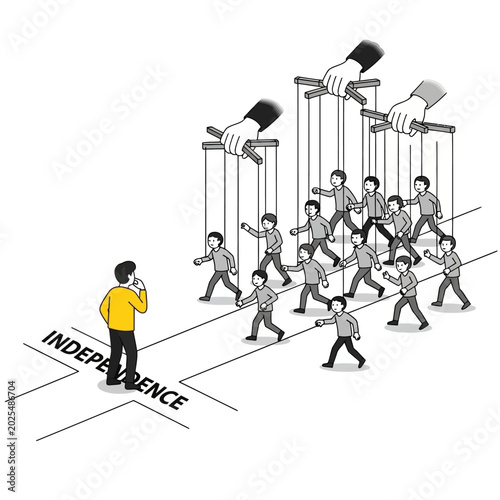 Puppet strings control people, choice of freedom vs control concept.