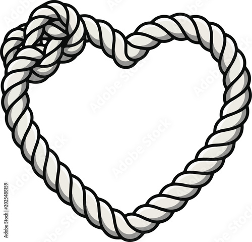 Rope heart vector illustration. Heart shaped cord with knot. Gray twisted rope heart icon. Nautical rope heart symbol. Love knot cord graphic. Western rope heart design. Cowboy style heart outline.