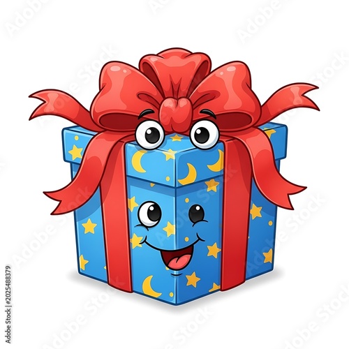 Cute Cartoon Blue Gift Box Character with Red Ribbon