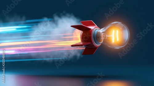 Conceptual light bulb rocket with glowing filament flying fast on dark background