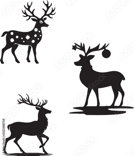 Canvas Print Christmas Reindeer Silhouette Set – Black and White Winter Holiday Caribou and S
