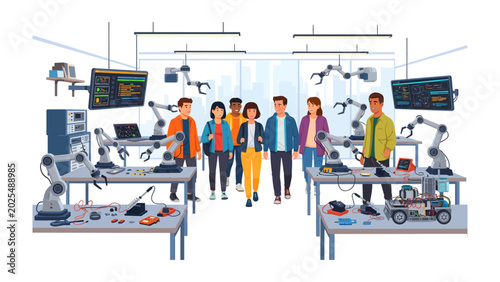 Foto Robotics Classroom Exploration: A diverse group of students explores a high-tech robotics classroom, surrounded by intricate machinery and interactive displays