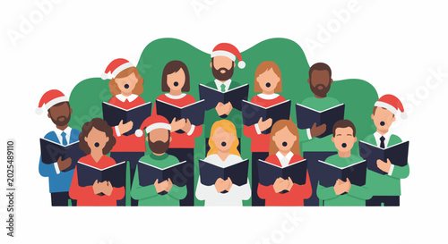 A diverse group of people in Christmas hats sing carols from books