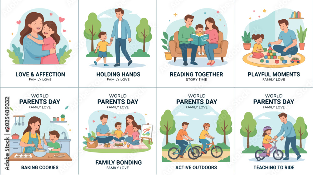 Fototapeta premium A heartwarming illustration of a family celebrating World Parents Day with playful moments in a park on a sunny day