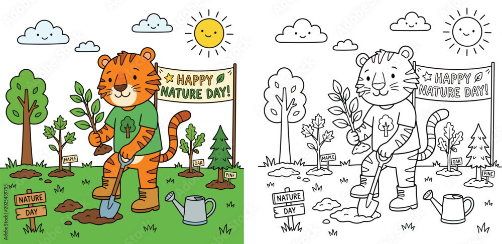 Fototapeta premium Happy Cartoon Tiger Planting Trees for Nature Day - Environmental Conservation