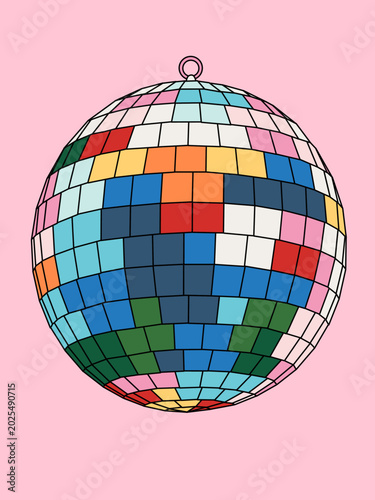Party Mirrored Disco Ball Vector Illustration in Rainbow Colors Against Pink Background