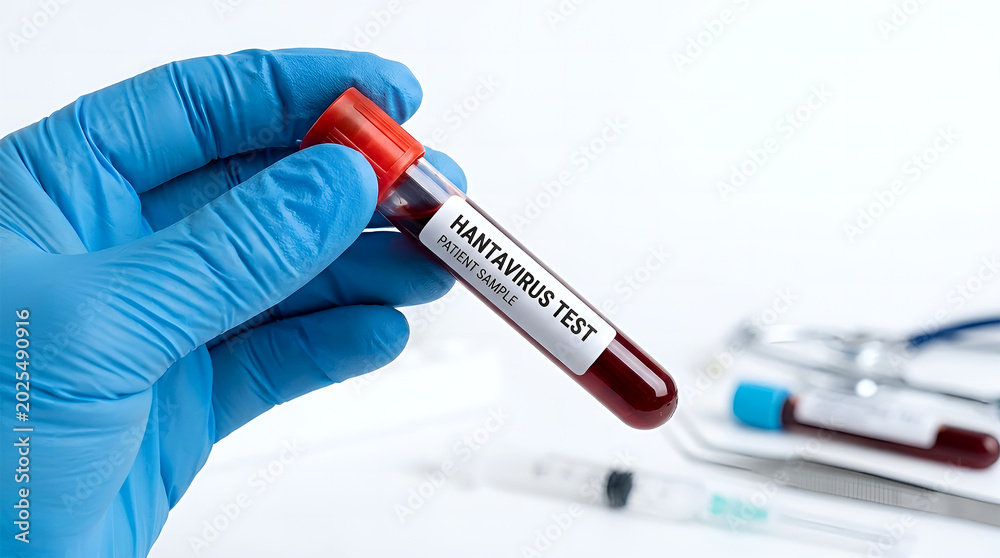 Fototapeta premium A gloved hand holds a blood test tube labeled SARS-CoV-2 near medical equipment.