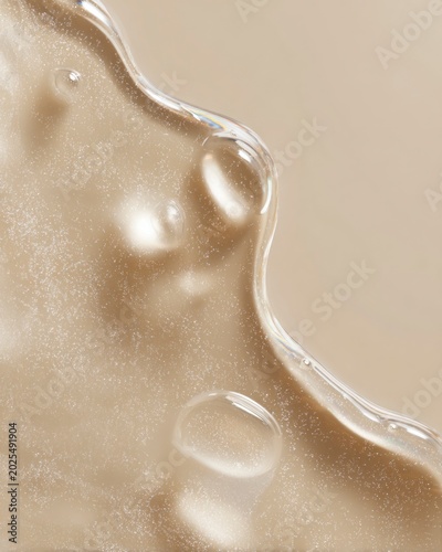 Close up transparent serum texture with fine shimmer and smooth curved lines on warm beige background. Skincare concept focused on glow and hydration.