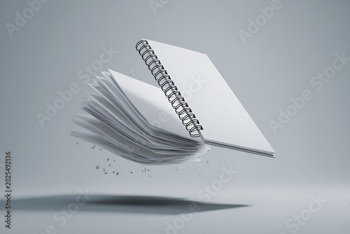 Levitating spiral notebook, blank pages, floating book, minimalistic design, educational supplies