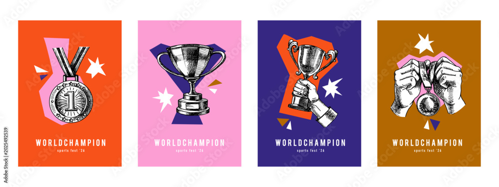 Obraz premium Banners with sport trophies, medals and cups hand drawn in vintage sketch style. Celebration of athletic victory, motivation and team spirit. Vector illustration