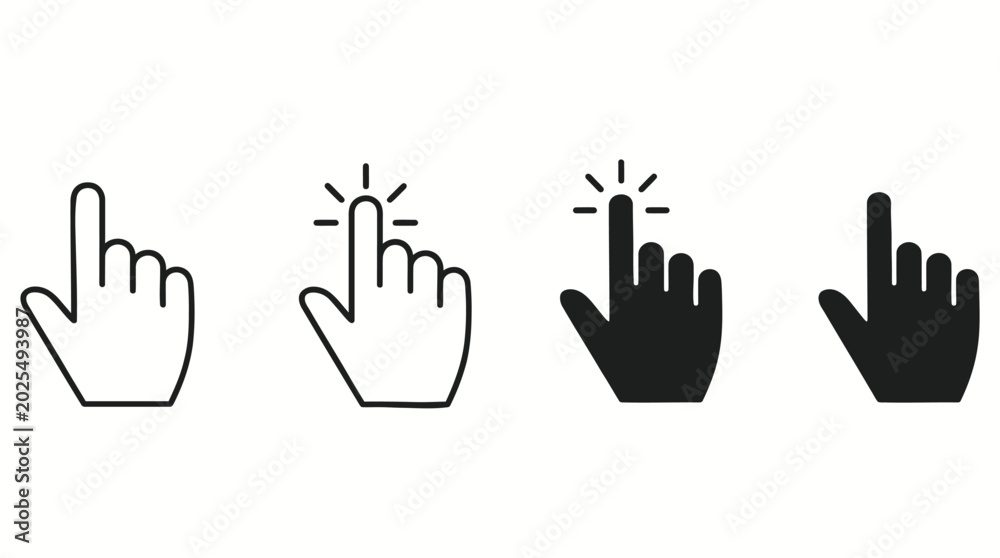 Fototapeta premium Hand gesture cursor silhouette vector collection featuring pointing, clicking, tapping icons for digital design, UI, technology, branding, education, and projects
