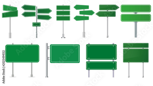 Bilde på lerret Set of Blank Green Road Signs and Highway Directional Signage Mockups Isolated o