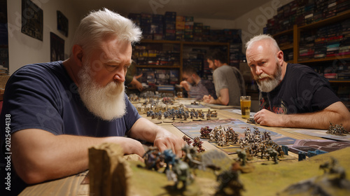 Serious tabletop gamers surrounded by miniatures and rulebooks ,serious wargaming player, two guys playing in board game, men looking on his miniatures, photo style