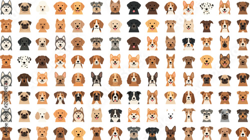 Foto Dog breed avatar vector mega collection featuring cute cartoon puppy faces, pet heads, husky, pug, retriever, corgi, and domestic canine icons on white background