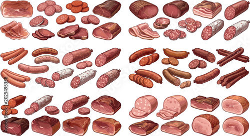 Bild auf Leinwand Gourmet meat and sausage vector set featuring sliced salami, prosciutto, bacon, ham, pepperoni, frankfurters, and delicatessen charcuterie elements on white background