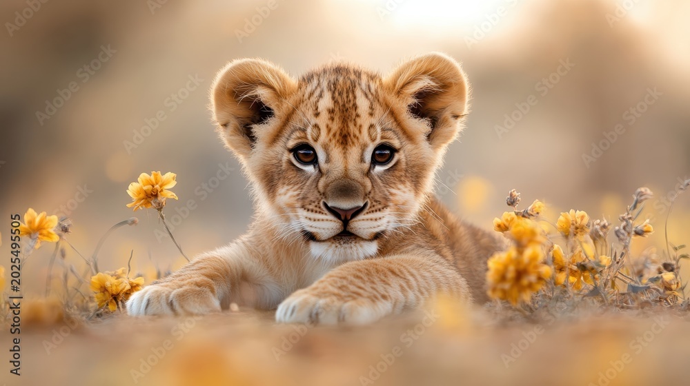 Obraz premium A charming lion cub lies amongst vibrant yellow flowers, capturing playful innocence and the beauty of wildlife in a serene natural setting, radiating joy and cuteness.