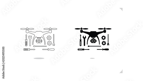 Foto Vector illustration of two drone schematics with propellers and camera in line a