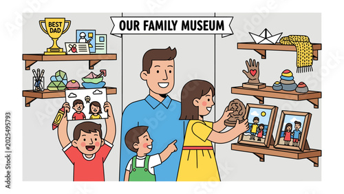 Bilde på lerret Our Family Museum: A heartwarming scene depicting a joyful family interacting with cherished memories and creations displayed in their personal Our Family Museum, celebrating heritage and connection