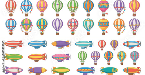 Photos Large collection of colorful hot air balloons and vintage blimps airships vector icons set isolated on white background for festival travel design elements