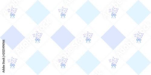 Konstfotografi Seamless argyle pattern with delicate lavender flower bouquets tied with blue ribbons on a pastel quilted background