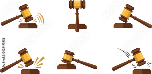 Foto Set of judge wooden gavel icons representing law justice auction court order verdict and legal system vector design elements isolated on white background