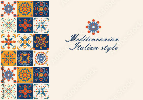 A composition of typical Mediterranean geometric and floral patterns using colored ceramic tiles — a template for a banner, invitation, or greeting card. Concept with space for text.
