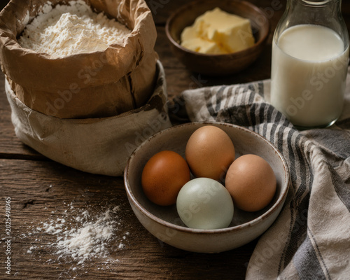 Rustic Baking Ingredients With Farm Eggs and Milk