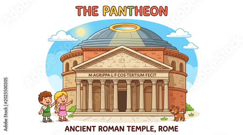 Photography Cartoon illustration of the ancient Roman Pantheon building with children