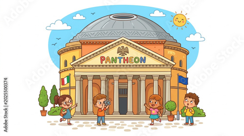 Fotografie Cartoon Pantheon Building with Tourists Visiting on a Sunny Day.