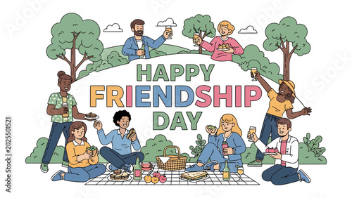 Canvas-taulu Celebrating Friendship Day: A diverse group of friends enjoys a vibrant outdoor picnic, sharing food, drinks, and laughter, embodying the spirit of camaraderie and togetherness on a sunny day