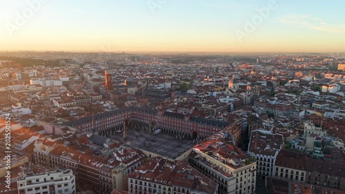 Aerial view of Plaza Mayor At Madrid. Spain. Medieval Buildings Landscape. Downtown District. Madrid At Community Of Madrid Spain. 