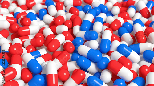 Red and Blue Capsules Background Medicine Healthcare Pharmaceutical Concept Medical Treatment Prescription Pills Antibiotic Drug Therapy Close Up Macro Shot Clean Studio.