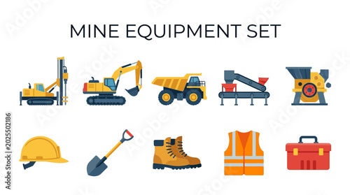 Fotografía Mining Machinery and Safety Gear Collection with Drill Excavator Dump Truck Conv