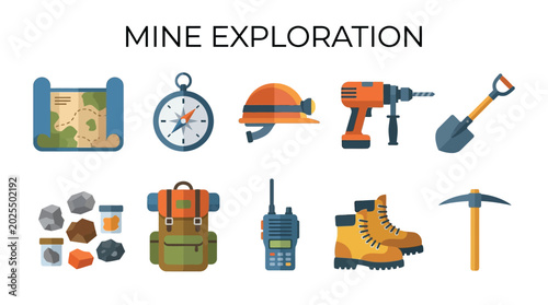Photos Mining Tools and Safety Gear for Mine Exploration and Geological Survey