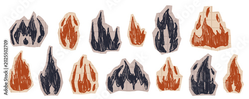 Collage cut out paper with hand drawn fire in orange and black style