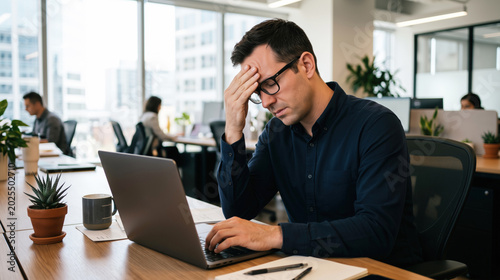 Stressed businessman holding head while working on laptop in modern open office feeling overwhelmed burnout deadline pressure mental health workplace concept