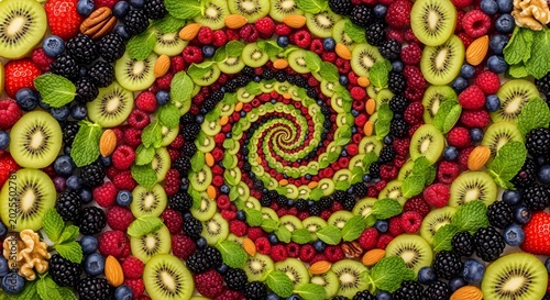 Spiral of fresh berries and fruit slices with strawberry blueberry raspberry blackberry abstract
