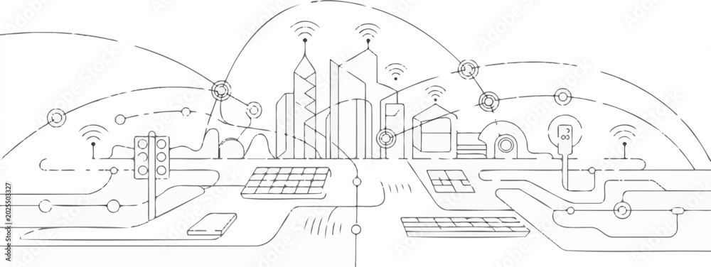 Naklejka premium Smart City Infrastructure and Digital Network Line Art Illustration