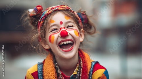 A joyful young girl wearing colorful clown makeup and laughing happily.