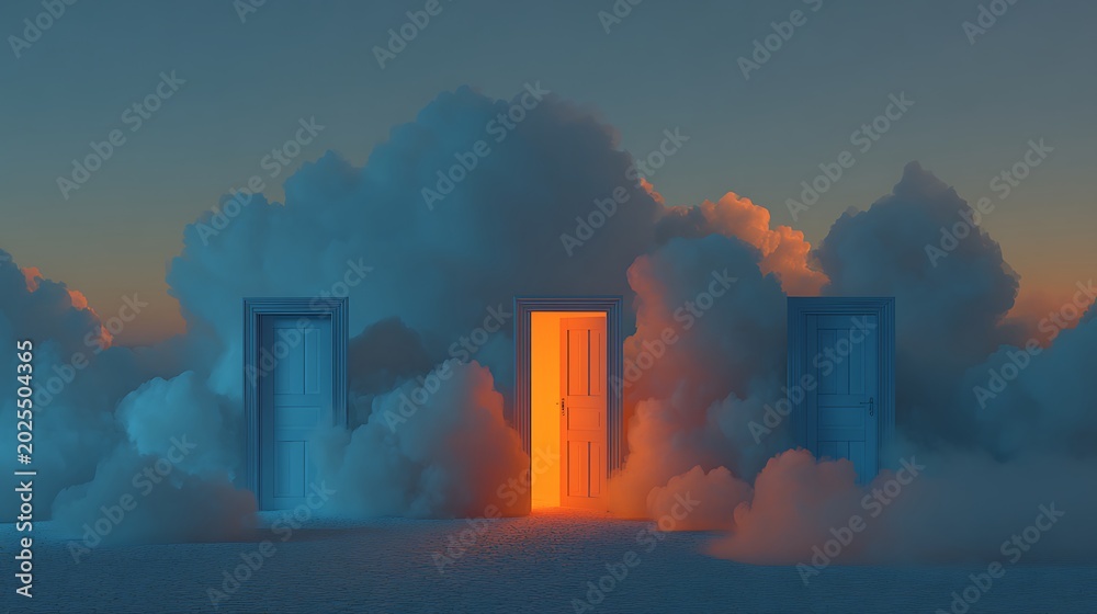 Fototapeta premium Surreal conceptual scene with three doors in clouds and glowing light.