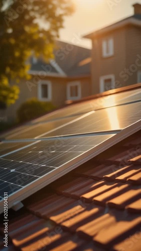 Close-up panning shot of solar panels on a tiled roof, reflecting warm sunlight with a residential house in the background, symbolizing renewable energy, sustainability